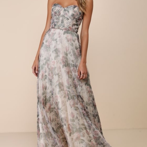 Lulus Most Beautiful Day Ivory Multi Floral Print Organza Maxi Dress Beige - Picture 1 of 4